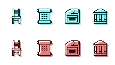 Set line Floppy disk, Chair, Papyrus scroll and Museum building icon. Vector Illustrazione stock