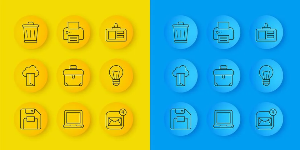 Set line Floppy disk, Cloud database, Briefcase, Envelope, Light bulb, Tras.. Illustrazione stock