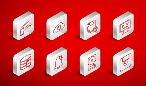 Set line Floppy disk, Cloud sync refresh, Calendar and clock, Dead monitor,.. Stock Illustration