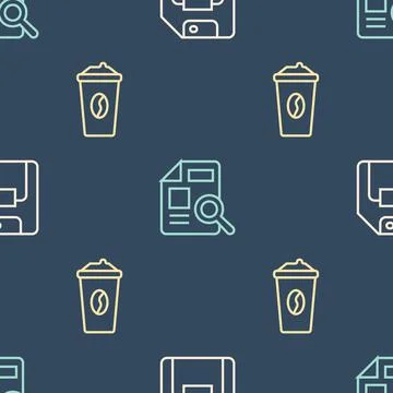 Set line Floppy disk, Coffee cup to go and Document with graph chart on seaml 스톡 일러스트