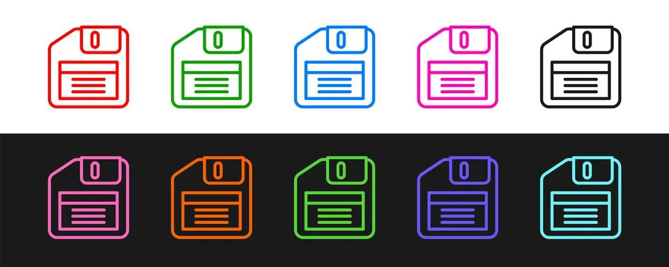 Set line Floppy disk for computer data storage icon isolated on black and white Stock Illustration