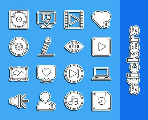 Set line Floppy disk for computer data storage, Laptop, Play in square, Video 스톡 일러스트