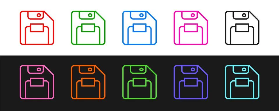 Set line Floppy disk for computer data storage icon isolated on black and white Stock Illustration