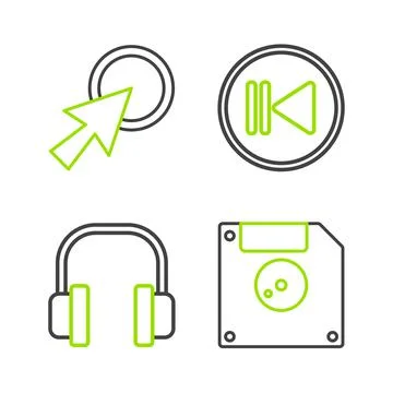 Set line Floppy disk for computer data storage, Headphones, Rewind and Arrow Stock Illustration