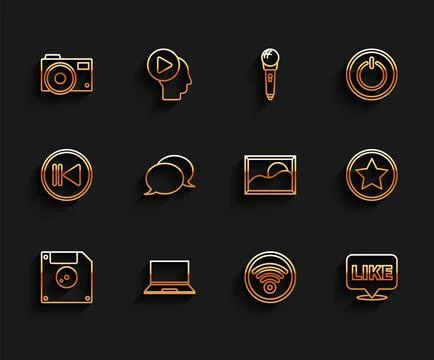 Set line Floppy disk for computer data storage, Laptop, Photo camera, Wi-Fi w 스톡 일러스트