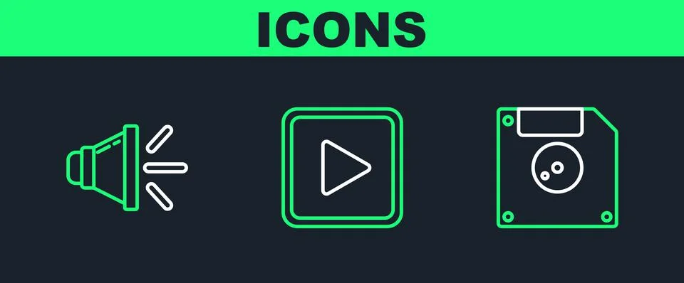 Set line Floppy disk for computer data storage, Speaker volume and Play in sq Stock Illustration