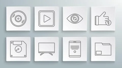 Set line Floppy disk for computer data storage, Play in square, Smart Tv, Tablet Stock Illustration