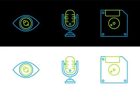 Set line Floppy disk for computer data storage, Eye and Microphone icon. Vector Stock Illustration