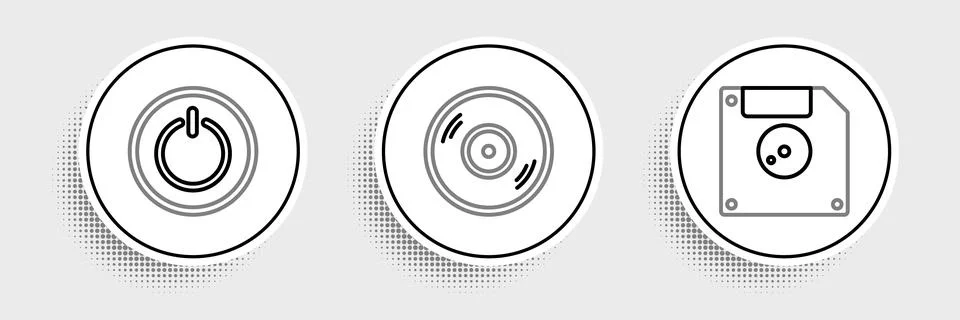 Set line Floppy disk for computer data storage, Power button and Vinyl icon.. Stock Illustration