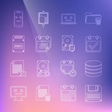 Set line Floppy disk, Database, Calendar with check mark, Dead laptop, SSD card Illustrazione stock