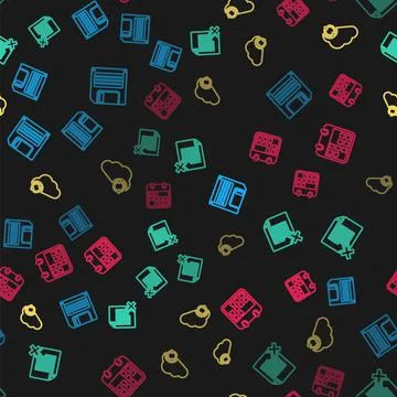 Set line Floppy disk, Delete file document, Cloud sync refresh and Calendar on Stock Illustration