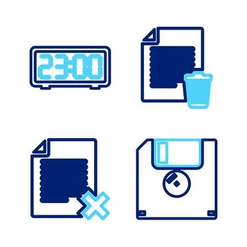Set line Floppy disk, Delete file document,  and Digital alarm clock icon. .. Stock Illustration