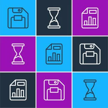 Set line Floppy disk, Document with graph chart and Old hourglass icon. Vector Illustrazione stock
