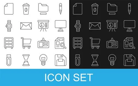 Set line Floppy disk, Document with graph chart, Computer monitor, folder, Mail Illustrazione stock