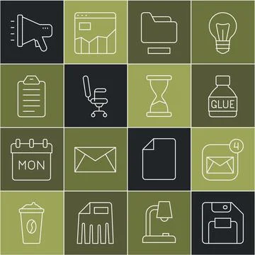 Set line Floppy disk, Envelope, Glue, Document folder, Office chair, To do list イラスト素材