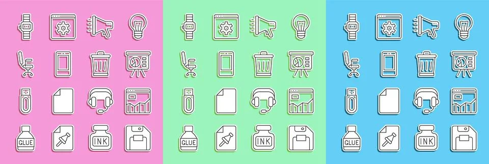 Set line Floppy disk, Graph chart infographic, Board with, Megaphone, Mobil.. Illustrazione stock