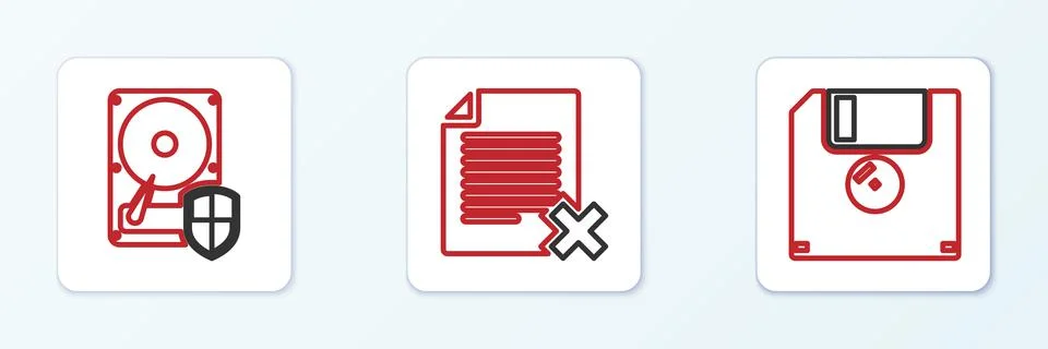 Set line Floppy disk, Hard drive HDD protection and Delete file document icon Illustrazione stock