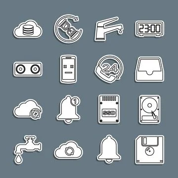 Set line Floppy disk, Hard drive HDD, Social media inbox, Water tap, Dead mobile Stock Illustration