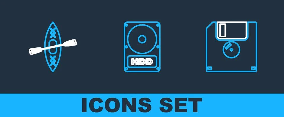Set line Floppy disk, Kayak and paddle and Hard drive HDD icon. Vector Stock Illustration