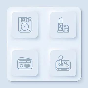 Set line Floppy disk, Lipstick, Radio with antenna and Joystick. White square Illustrazione stock