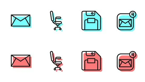 Set line Floppy disk, Mail and e-mail, Office chair and Envelope icon. Vector 库存插图