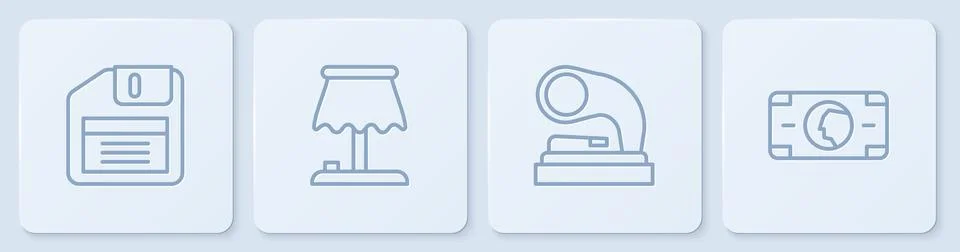 Set line Floppy disk Old gramophone Table lamp and Stacks paper money cash. W Stock Illustration