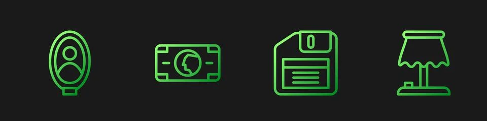 Set line Floppy disk, Portrait picture in museum, Stacks paper money cash and Stock Illustration