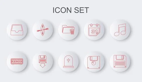 Set line Floppy disk, Retro flip clock, Delete folder, Social media inbox, .. Stock Illustration