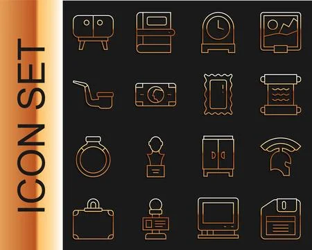 Set line Floppy disk, Roman army helmet, Papyrus scroll, Antique clock, Stacks Stock Illustration