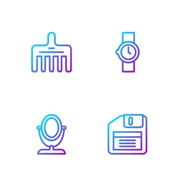 Set line Floppy disk, Round makeup mirror, Hairbrush and Wrist watch. Gradient Illustrazione stock
