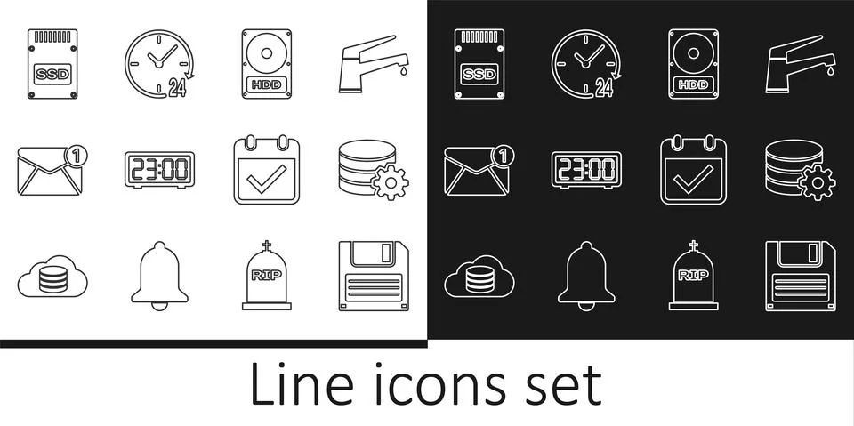 Set line Floppy disk, Setting database server, Hard drive HDD, Digital alarm Stockillustratie
