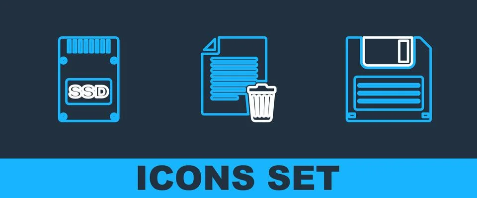 Set line Floppy disk, SSD card and Delete file document icon. Vector Illustrazione stock