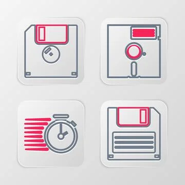 Set line Floppy disk, Stopwatch, in the 5.25-inch and  icon. Vector Stock Illustration