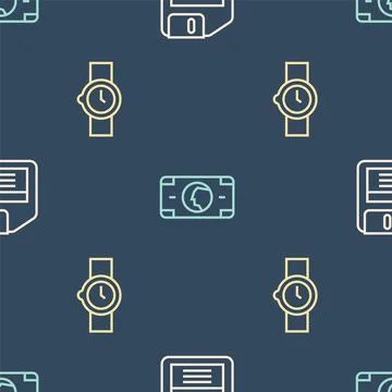 Set line Floppy disk, Wrist watch and Stacks paper money cash on seamless pat 스톡 일러스트