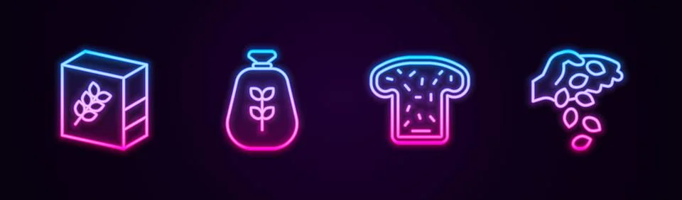 Set line Flour pack, Bag of flour, Bread toast and Seed. Glowing neon icon Stock Illustration