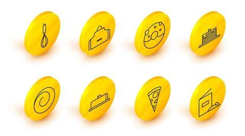 Set line Flour pack, Slice of pizza, Strawberry cheesecake slice, Roll bun with Stock Illustration