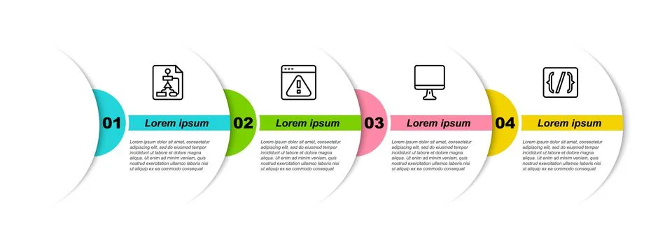 Set line Flowchart, Browser with exclamation mark, Computer monitor screen and Illustrazione stock