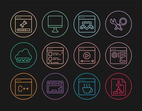 Set line Flowchart, Browser setting, with shield, files, Web development Illustrazione stock