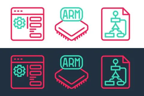 Set line Flowchart, Browser setting and Processor icon. Vector Illustrazione stock