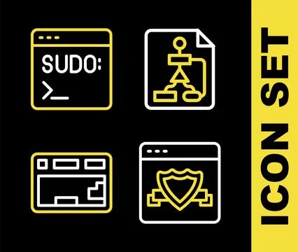 Set line Flowchart, Browser with shield, Keyboard and Code terminal icon. V.. Stockillustratie