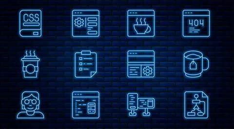Set line Flowchart, Cup of tea with tea bag, Software, Clipboard checklist Stock Illustration