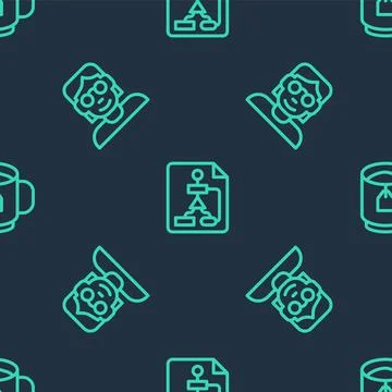 Set line Flowchart, Hacker or coder and Cup of tea with tea bag on seamless Stock Illustration