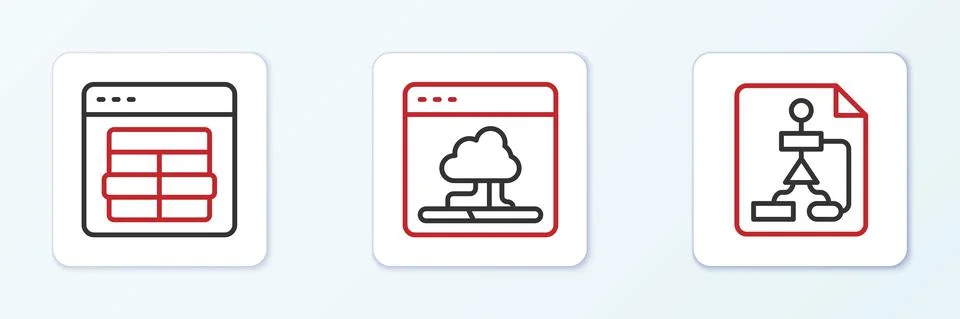 Set line Flowchart, MySQL code and Cloud technology data transfer icon. Vector Stock Illustration