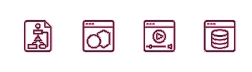 Set line Flowchart, Online play video, Software and Server, Data, Web Hosting 스톡 일러스트