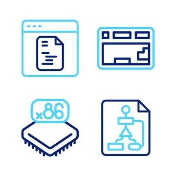 Set line Flowchart, Processor with microcircuits CPU, Keyboard and Software i Stock Illustration