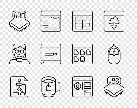Set line Flowchart, Processor with microcircuits CPU, MySQL code, Cup of te.. Illustrazione stock