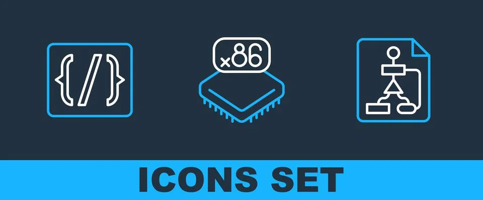 Set line Flowchart, Programming language syntax and Processor with microcircu 库存插图
