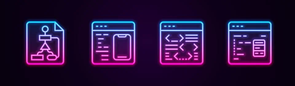 Set line Flowchart, Software,  and . Glowing neon icon. Vector Illustration