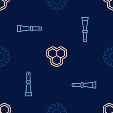 Set line Flower, Beekeeping knife and Honeycomb on seamless pattern. Vector Illustrazione stock