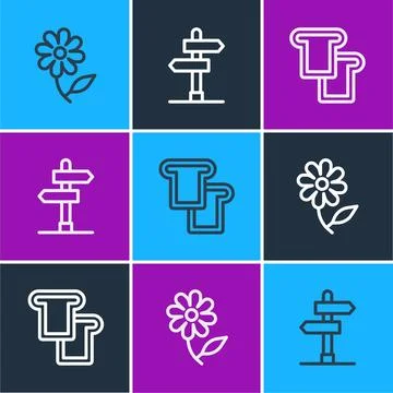Set line Flower, Bread toast and Road traffic sign icon. Vector Stock Illustration